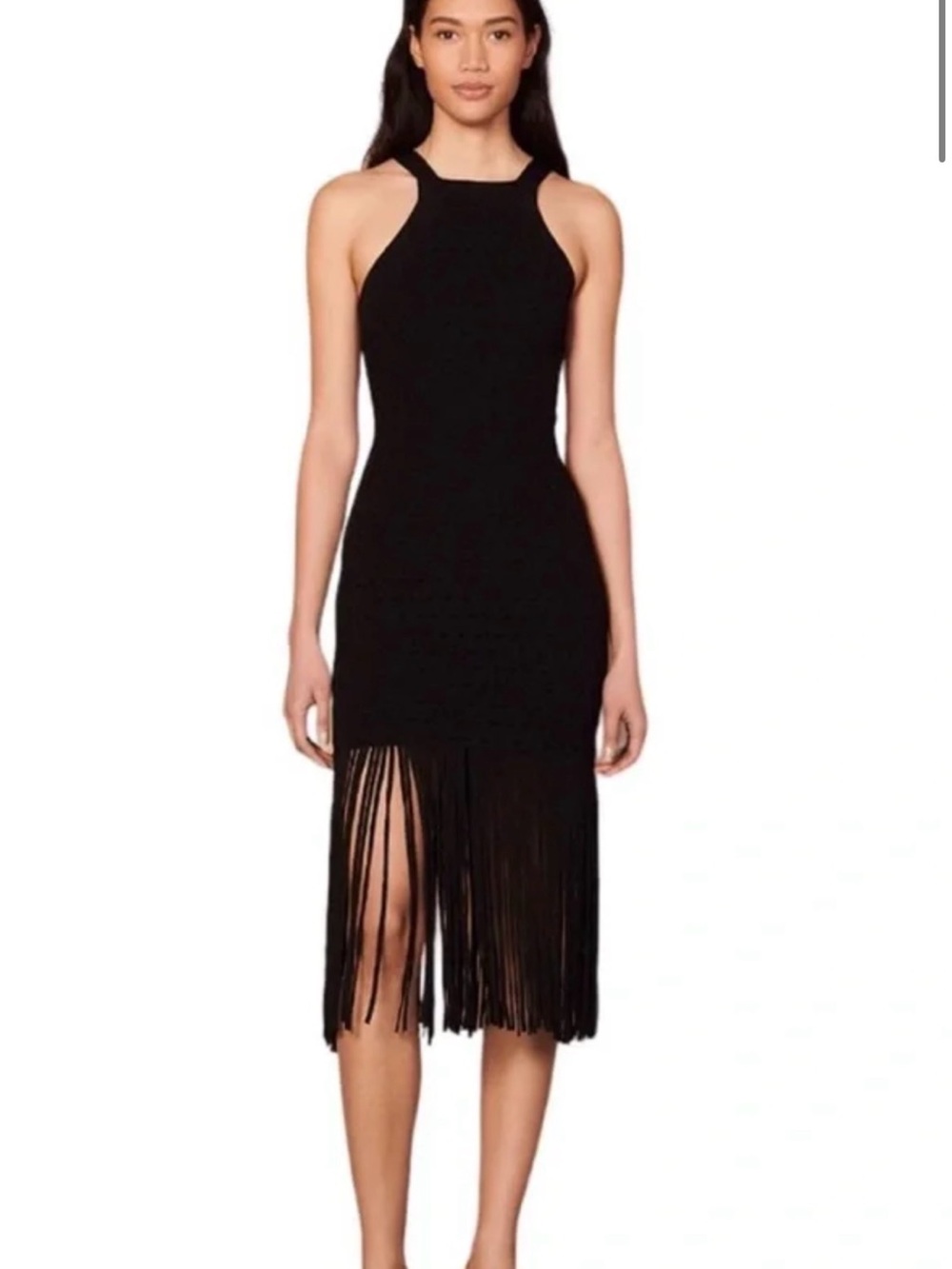 House of Harlow 1960 Black Halter Fringe Midi Dress